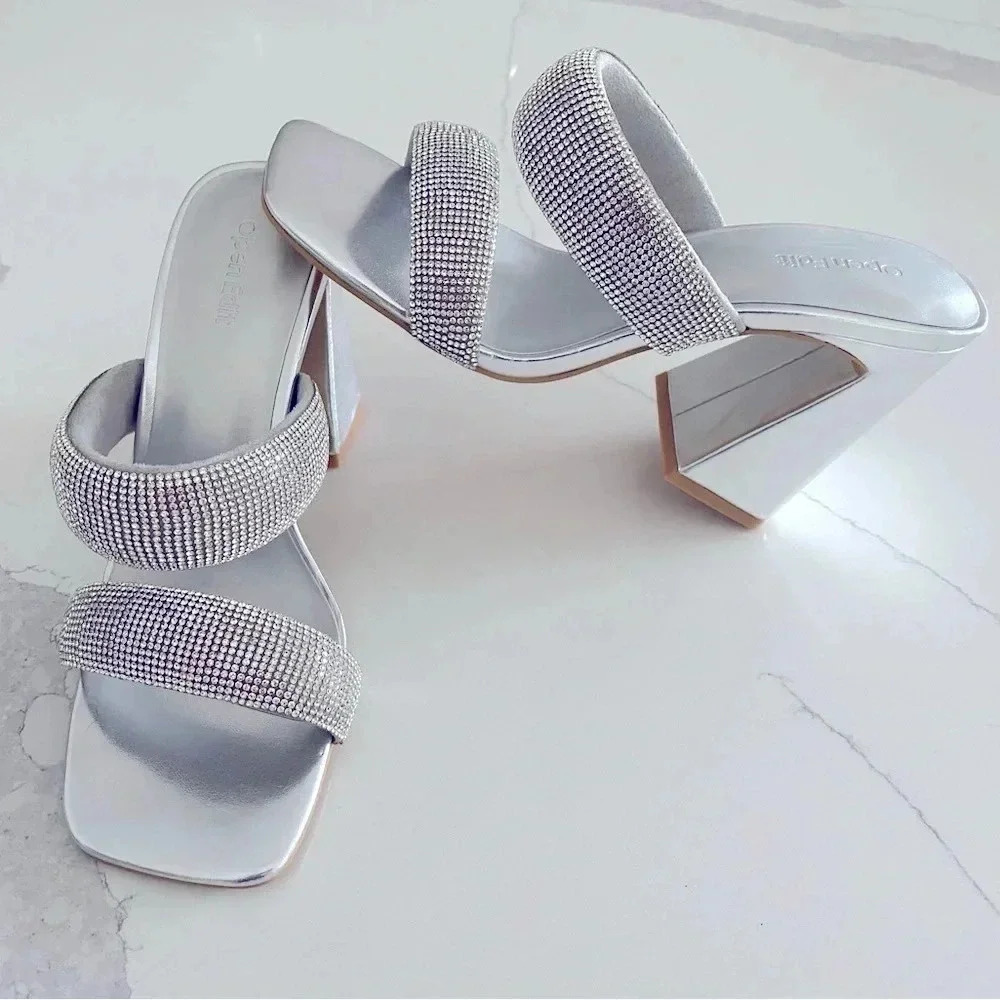Nordstrom Open Edit Sasha Retro Rhinestone‎ Chunky Sandals Silver Metallic 8 NEW
